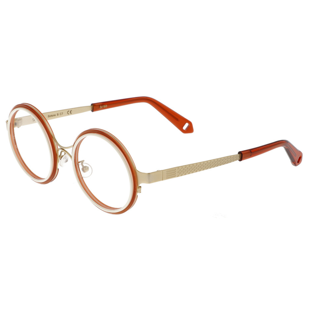 GOOD'S Bottone B C7 — Limited edition round optical frame in terracotta bio-acetate and gold stainless steel, three-quarter side view showing the tie-shaped temple with thimble detail and coordinated acetate tip, handmade in Italy
