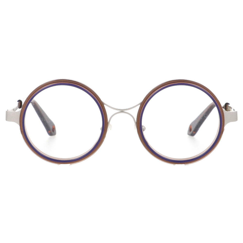 GOOD'S Bottone B C3 — Handmade round optical frame in brown and blue Mazzucchelli M49 bio-acetate with silver stainless steel structure, circular button-inspired design, front view
