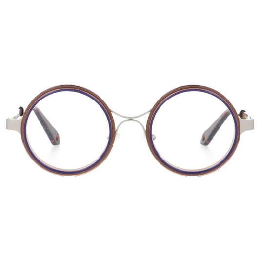 GOOD'S Bottone B C3 — Handmade round optical frame in brown and blue Mazzucchelli M49 bio-acetate with silver stainless steel structure, circular button-inspired design, front view
