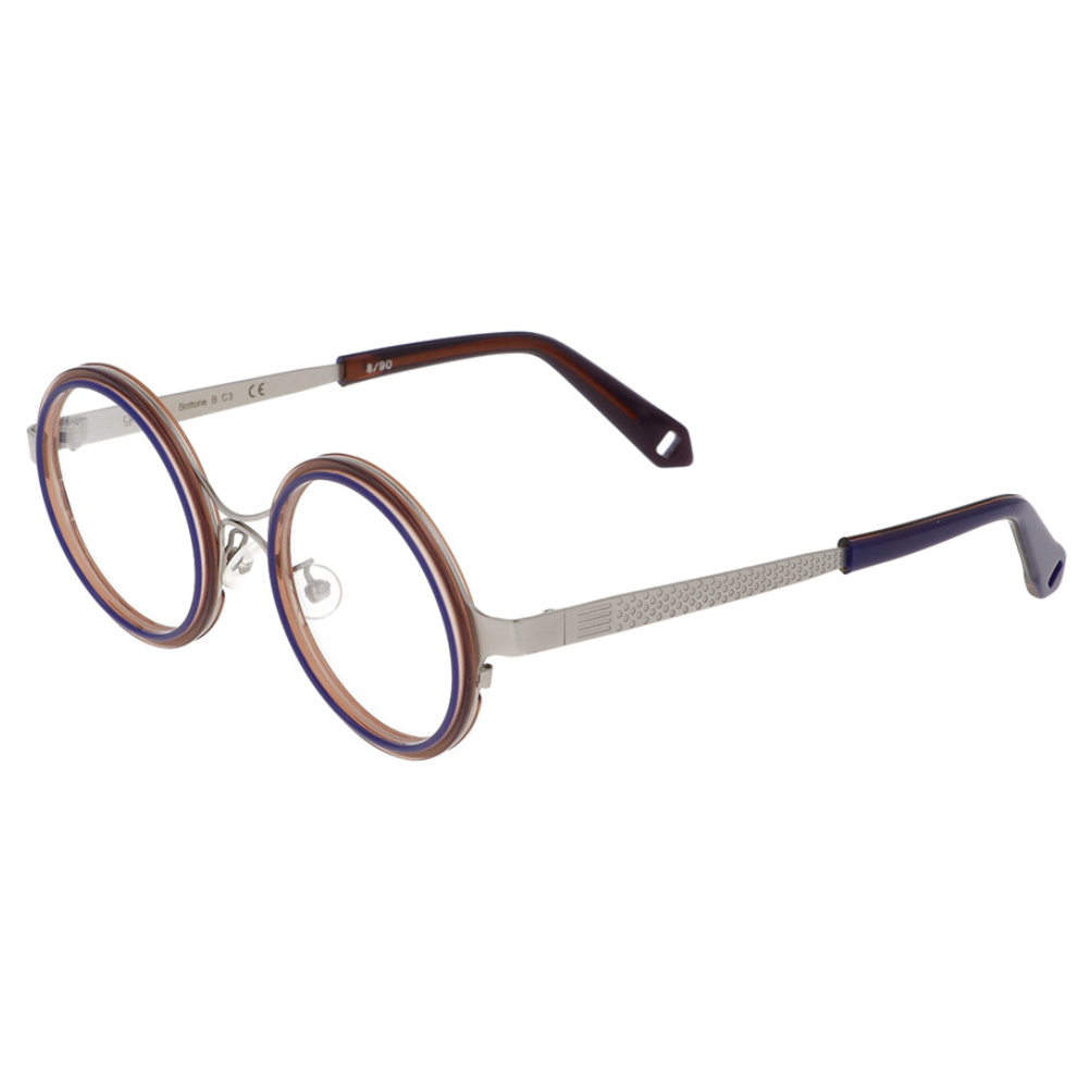 GOOD'S Bottone B C3 — Limited edition round optical frame in brown and blue bio-acetate with silver stainless steel, three-quarter side view showing the tie-shaped temple with thimble detail and navy blue acetate tip, handmade in Italy

