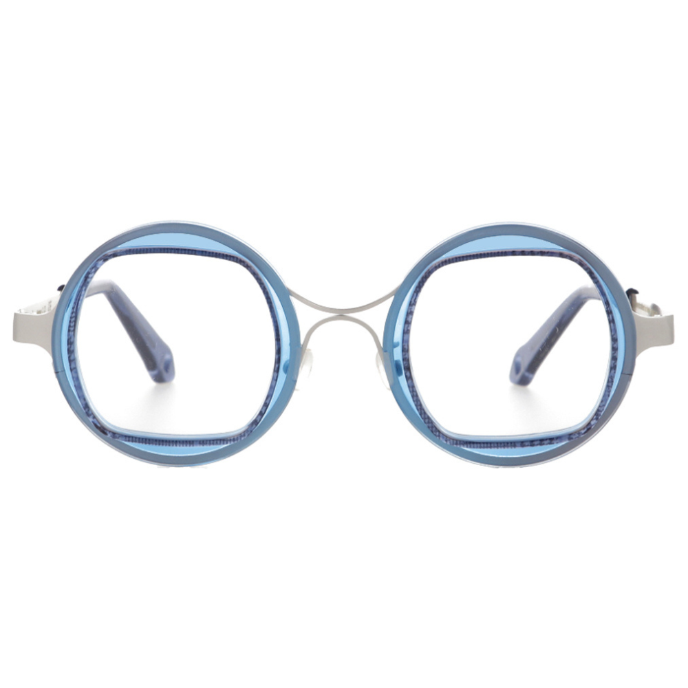 GOOD'S Bottone C C3 — Handmade dual-geometry optical frame in translucent blue Mazzucchelli M49 bio-acetate with silver stainless steel structure, round exterior and softly rectangular interior lens shape, front view
