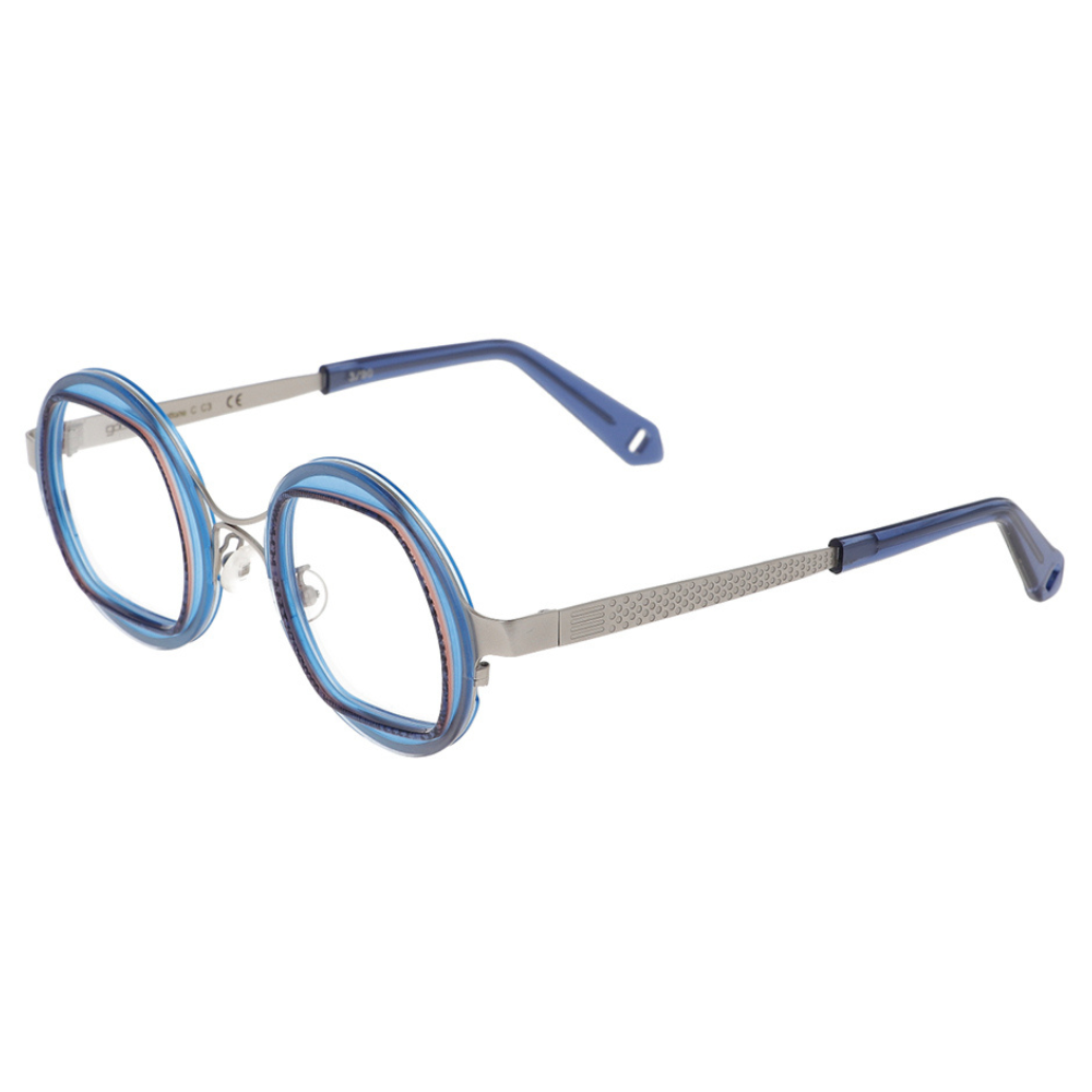 GOOD'S Bottone C C3 — Limited edition dual-geometry optical frame in translucent blue bio-acetate and silver stainless steel, three-quarter side view showing the tie-shaped temple with thimble detail and blue acetate tip, handmade in Italy
