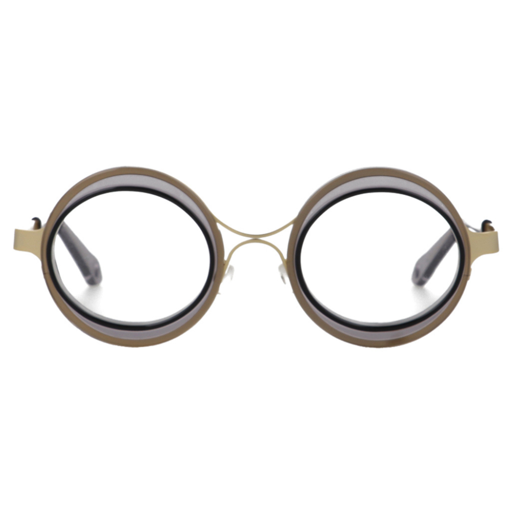 GOOD'S Bottone D C1 — Handmade dual-geometry optical frame in taupe and grey Mazzucchelli M49 bio-acetate with gold stainless steel structure, round exterior and oval interior lens shape, front view
