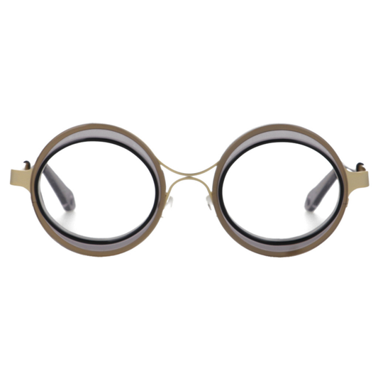 GOOD'S Bottone D C1 — Handmade dual-geometry optical frame in taupe and grey Mazzucchelli M49 bio-acetate with gold stainless steel structure, round exterior and oval interior lens shape, front view
