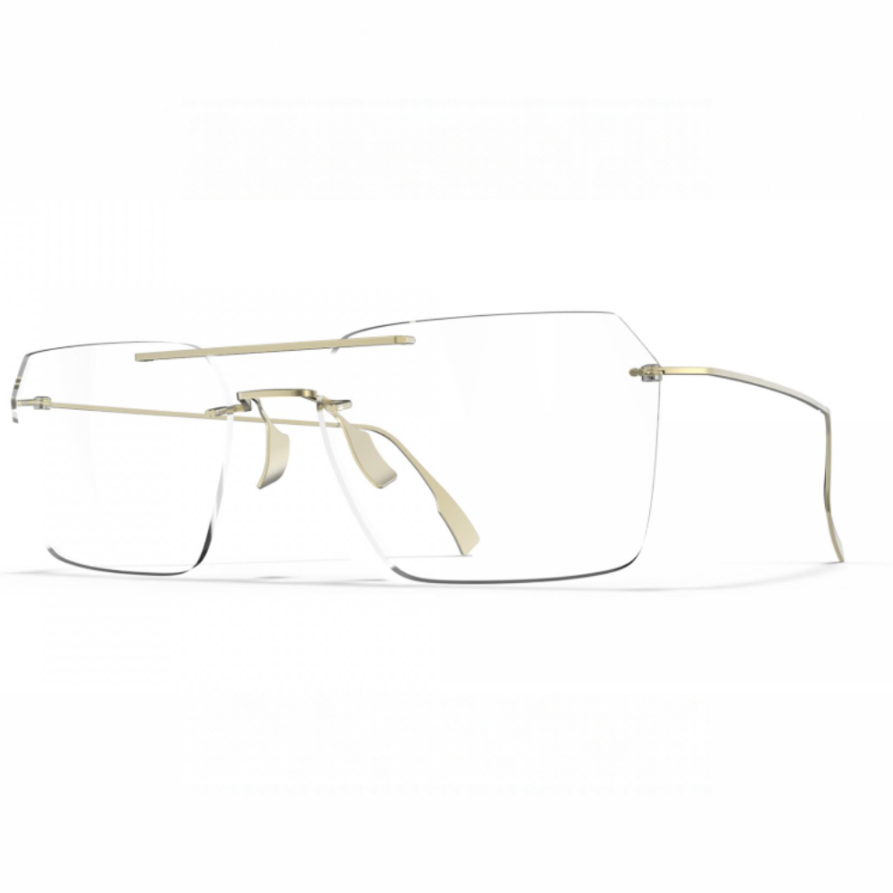 Blackfin Infinity B5-P3 BF1109 rimless glasses, three-quarter view showing angular lenses and slim Brushed Light Gold titanium temples.

