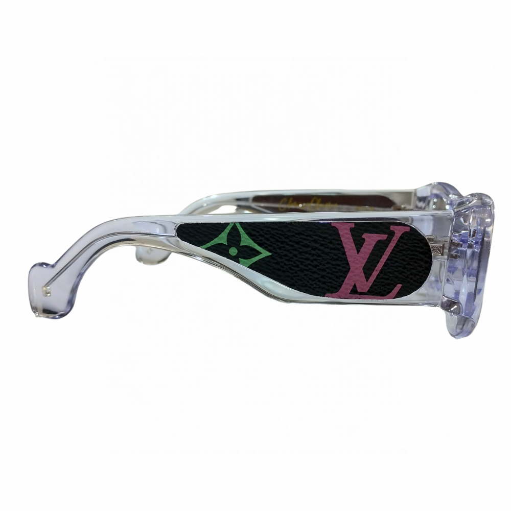 Clarissa Oliverio Mash-Up No. 02 sunglasses, side view of the black leather temple insert with a pink LV monogram and green floral motif.
