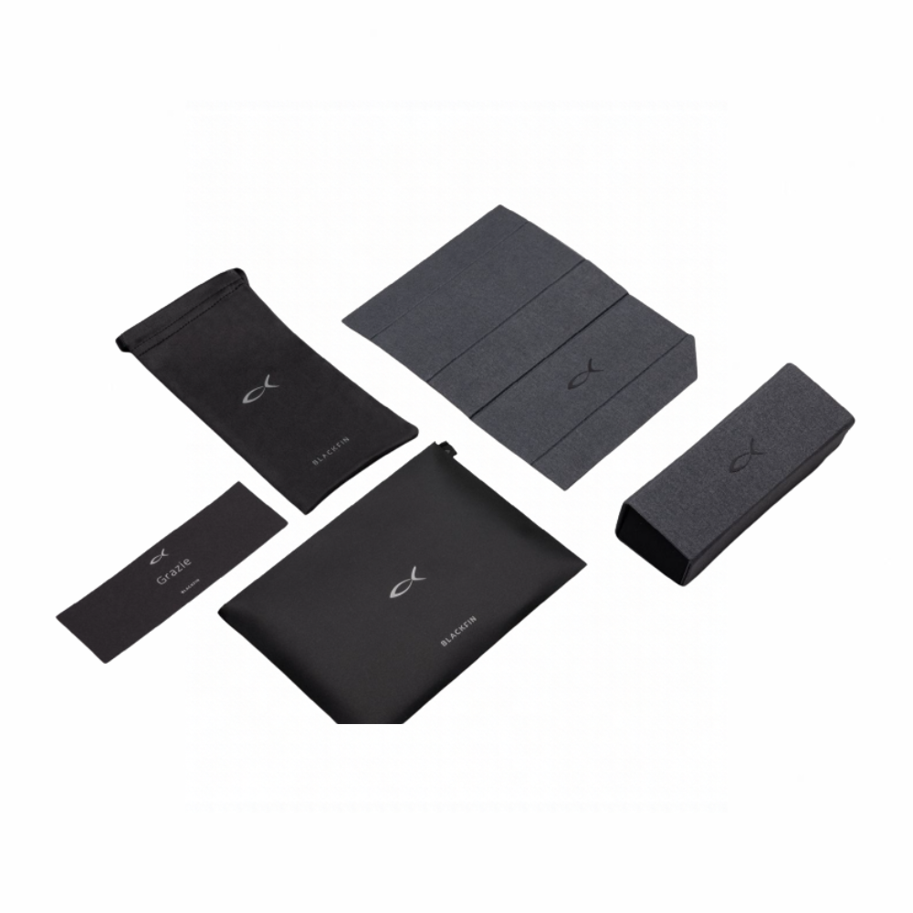 Blackfin eyewear accessories with a fold-flat hard case, soft pouch, cleaning cloth and branded packaging.

