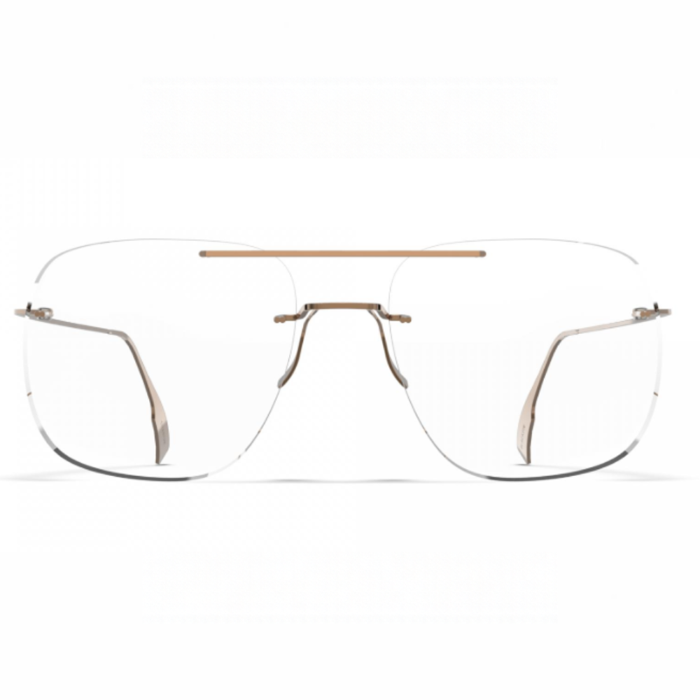 Blackfin Infinity B5-P3 BF1109 rimless glasses, front view with angular lenses and Shiny Copper Gold titanium bridge and temples.
