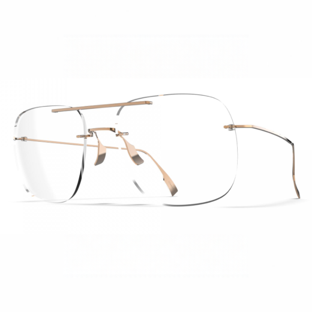 Blackfin Infinity B5-P3 BF1109 rimless glasses, three-quarter view showing angular lenses and slim Shiny Copper Gold titanium temples.
