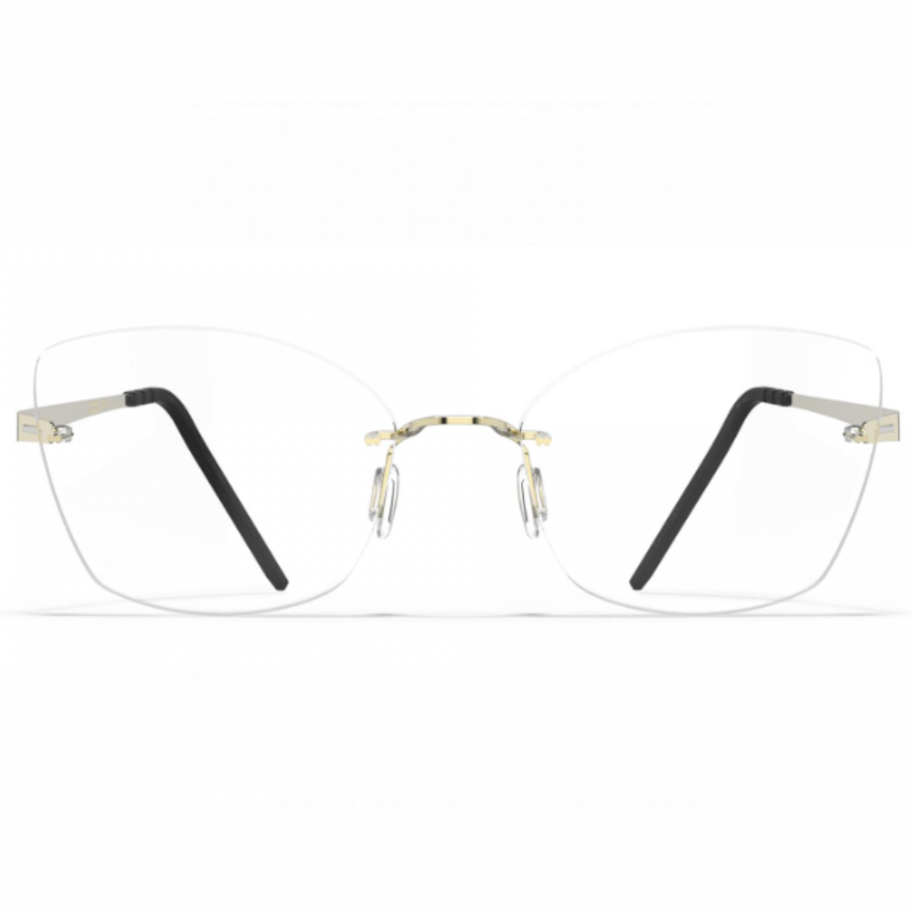 Blackfin Aero Loop B3-P2 BF1074 rimless glasses, front view with Shiny Light Gold titanium details and black temple tips.
