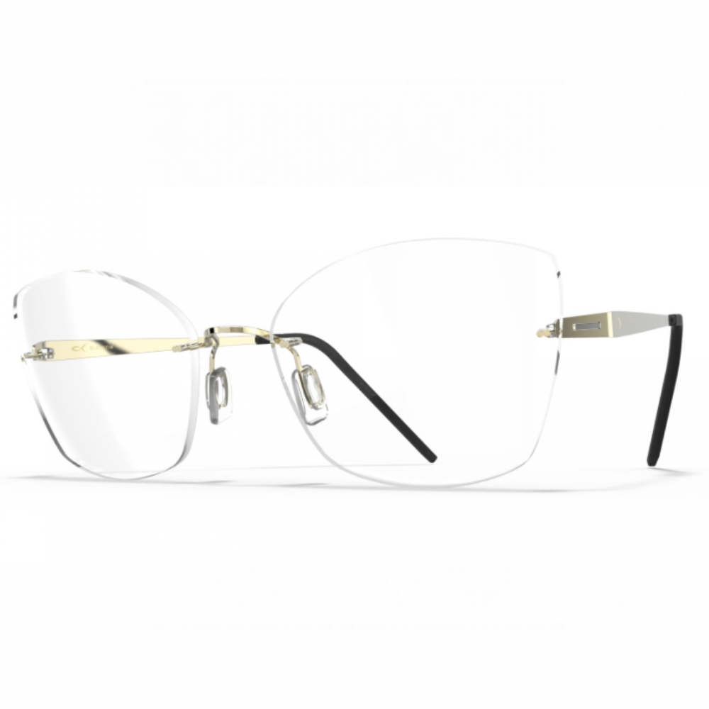 Blackfin Aero Loop B3-P2 BF1074 rimless glasses, three-quarter view showing the Shiny Light Gold titanium bridge, slim temples and black tips.
