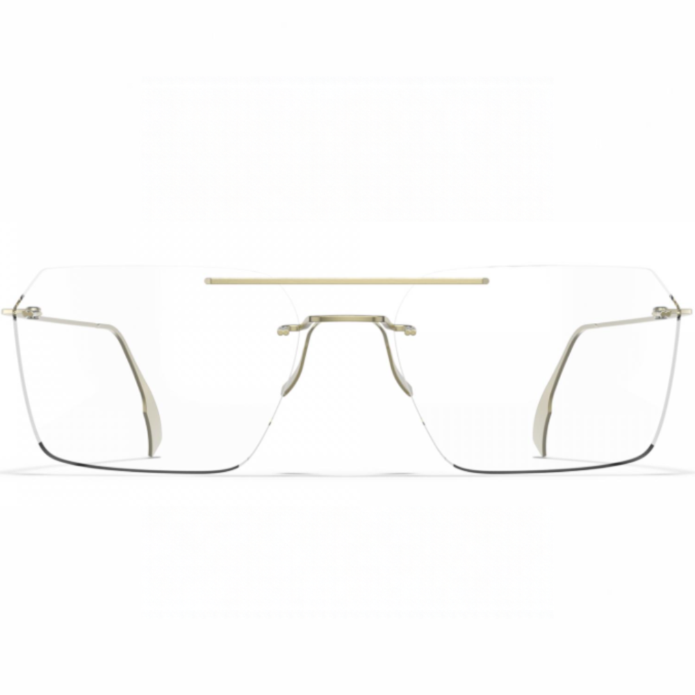 Blackfin Infinity B5-P3 BF1109 rimless glasses, front view with angular lenses and Brushed Light Gold titanium bridge and temples.
