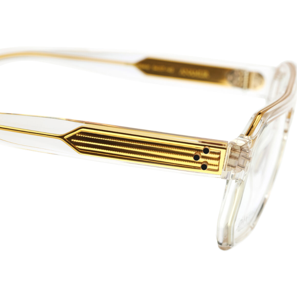 DANSHARIAN ANAMUR GOLD luxury eyewear - detail of Mazzucchelli crystal acetate and titanium construction
